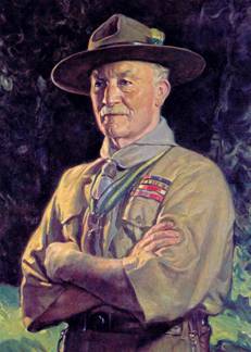 Portrettmaleri av Lord Baden-Powell i speideruniform med hatt og armene i kors