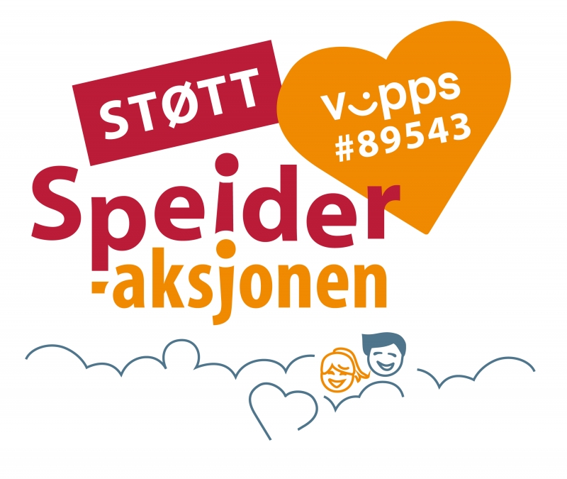Speideraksjonen-logo med teksten "Støtt Speideraksjonen" og Vipps-nummer