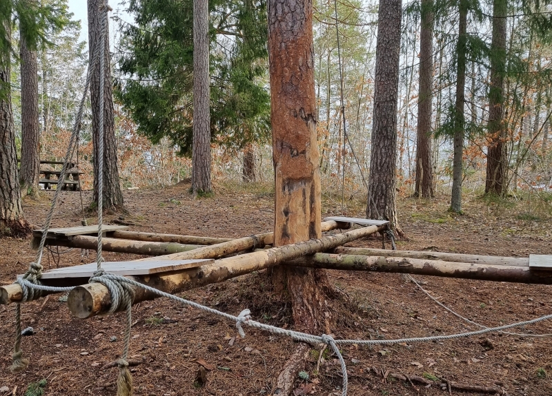 Ferdig bygget karusell av stokker og tauverk rundt en basestolpe i skogen