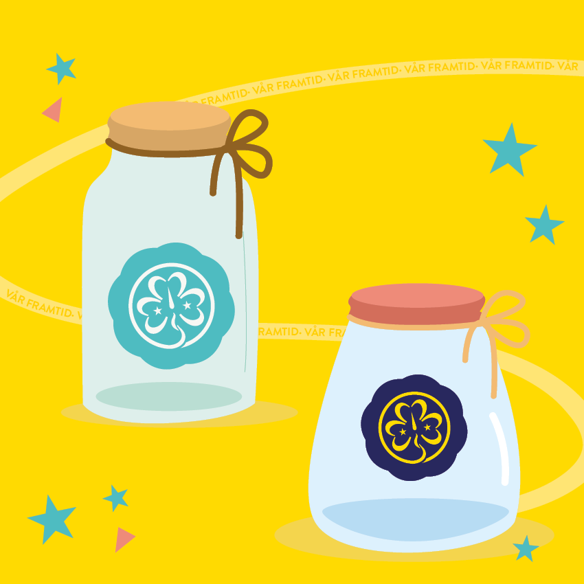To glass med WAGGGS-logo på gul bakgrunn med teksten «Vår framtid»