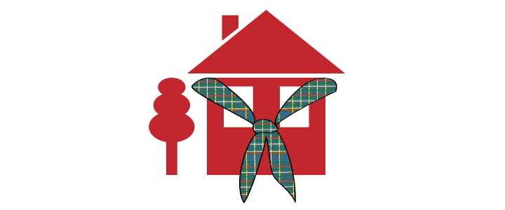 Illustrasjon av et rødt hus med et speiderhalstørkle – logo for Hjemmespeiding-prosjektmerket
