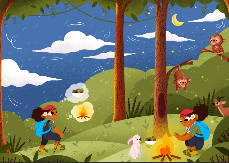 Illustrasjon av to speidere ved et leirbål i skogen, omgitt av dyr og natur