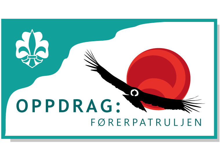 Logo for kurset Oppdrag: Førerpatruljen med speiderlilje og ørn foran rød sol