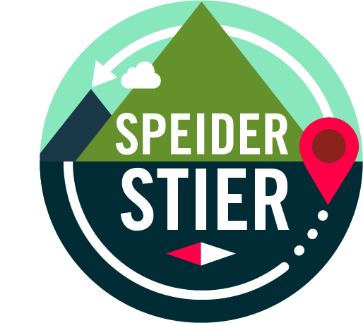 Logo for Speiderstier-prosjektet med fjell, kompass og kartpin