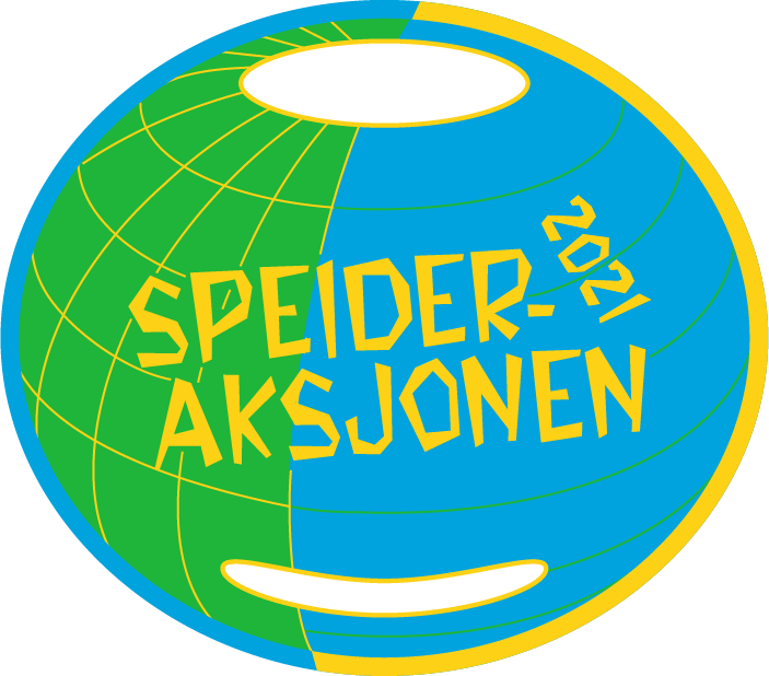 Logo for Speideraksjonen 2021 – en jordklode i grønt og blått med gul tekst