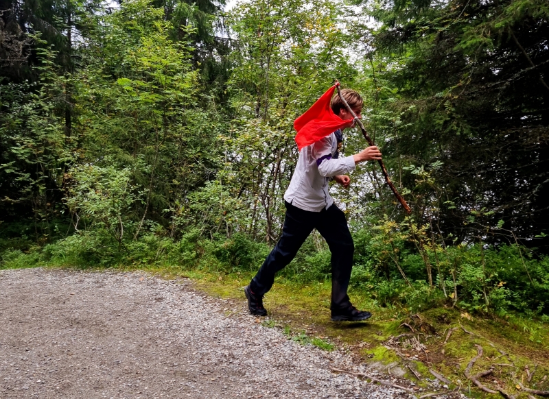 Speider som løper med et flagg