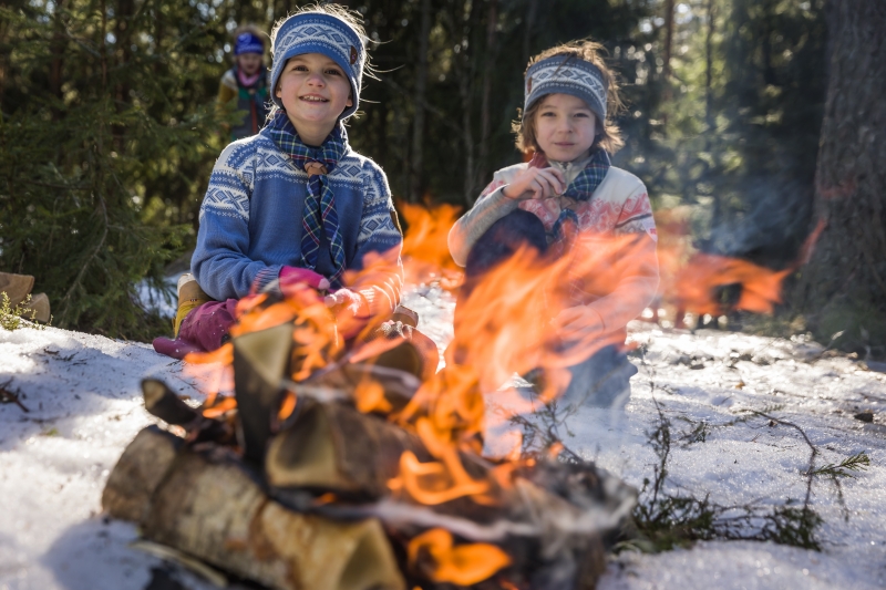 Småspeidere ved et bål i skogen
