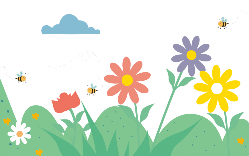Illustrasjon av en blomstereng med bier og blomster