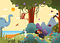 Illustrasjon av en jente i en skog som sitter å ser tenkende ut på noen flyvende fugler og vandrende dyr.